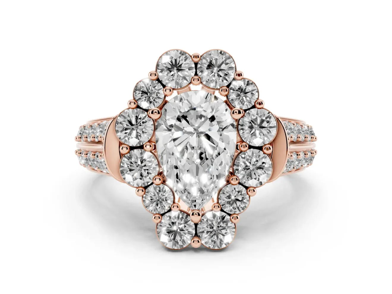 Pear Cut Diamond Halo Engagement Ring Set in Rose gold with Split Shank and Prong Setting