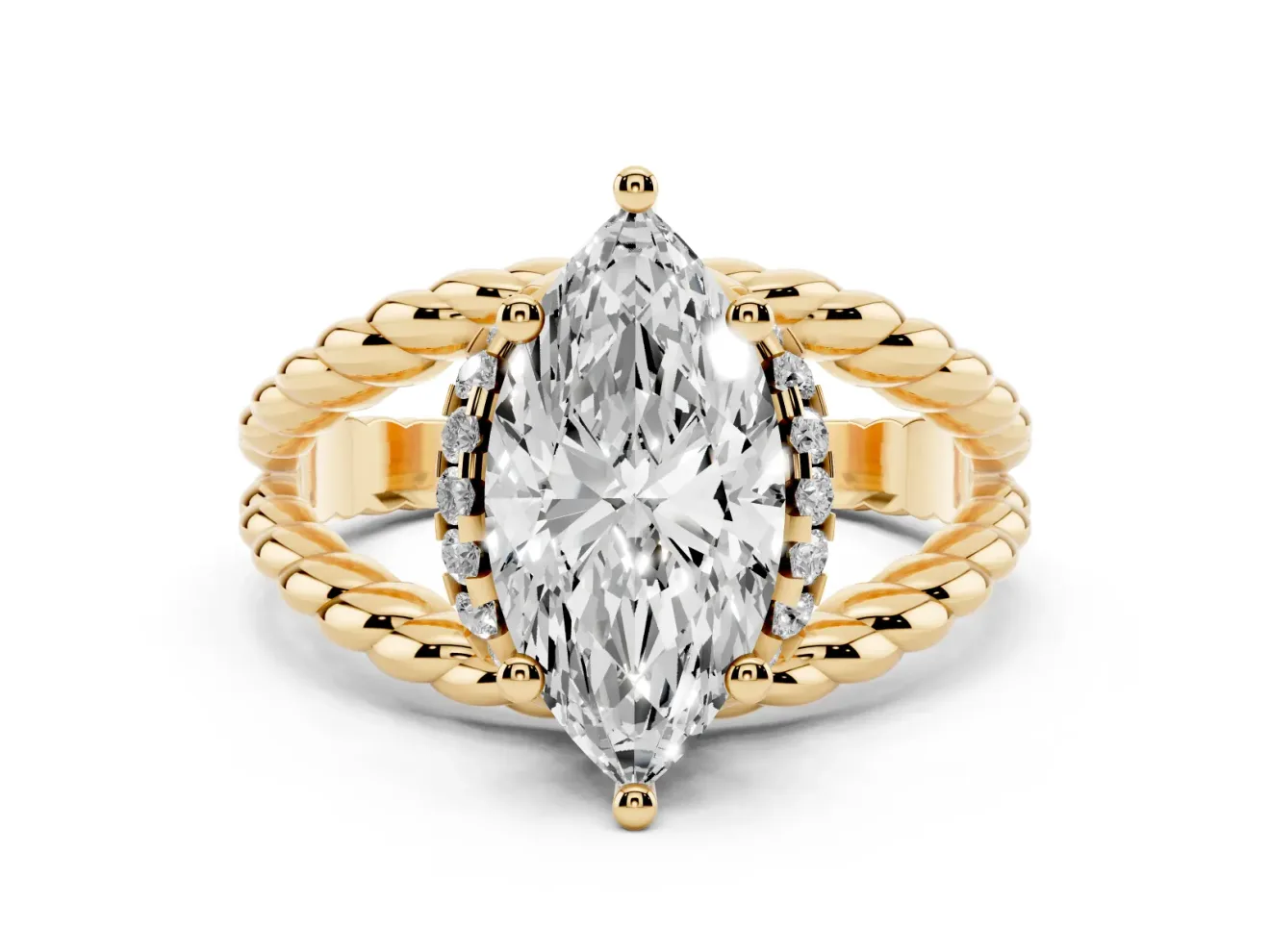 Marquise Rope Split Shank Engagement Ring Setting | Accented Head | Yellow Gold