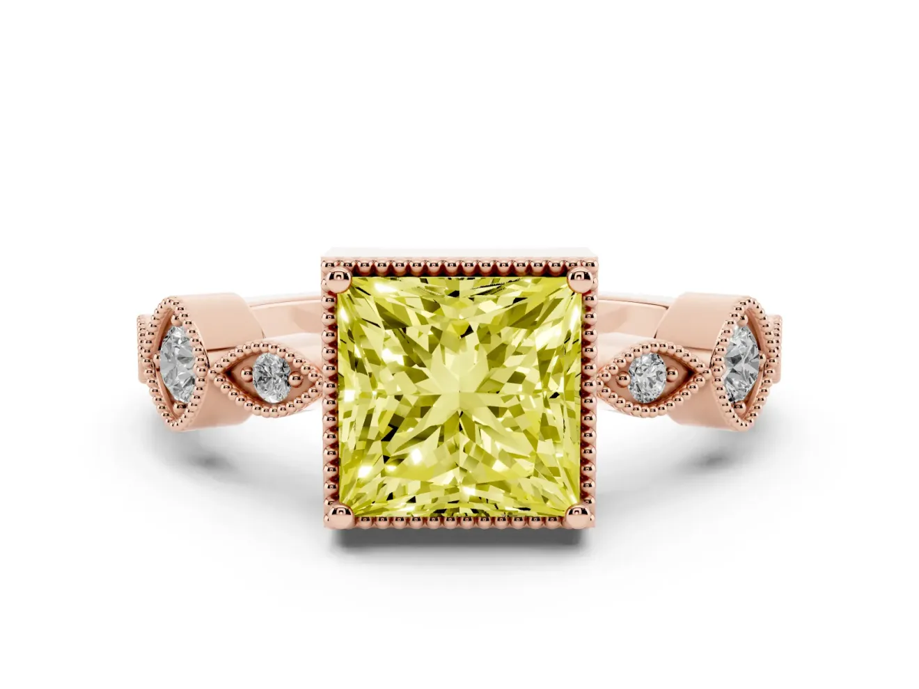 Princess Cut Vintage Milgrain Engagement Ring Setting for a Fancy Yellow Lab-Grown Diamond | Rose Gold