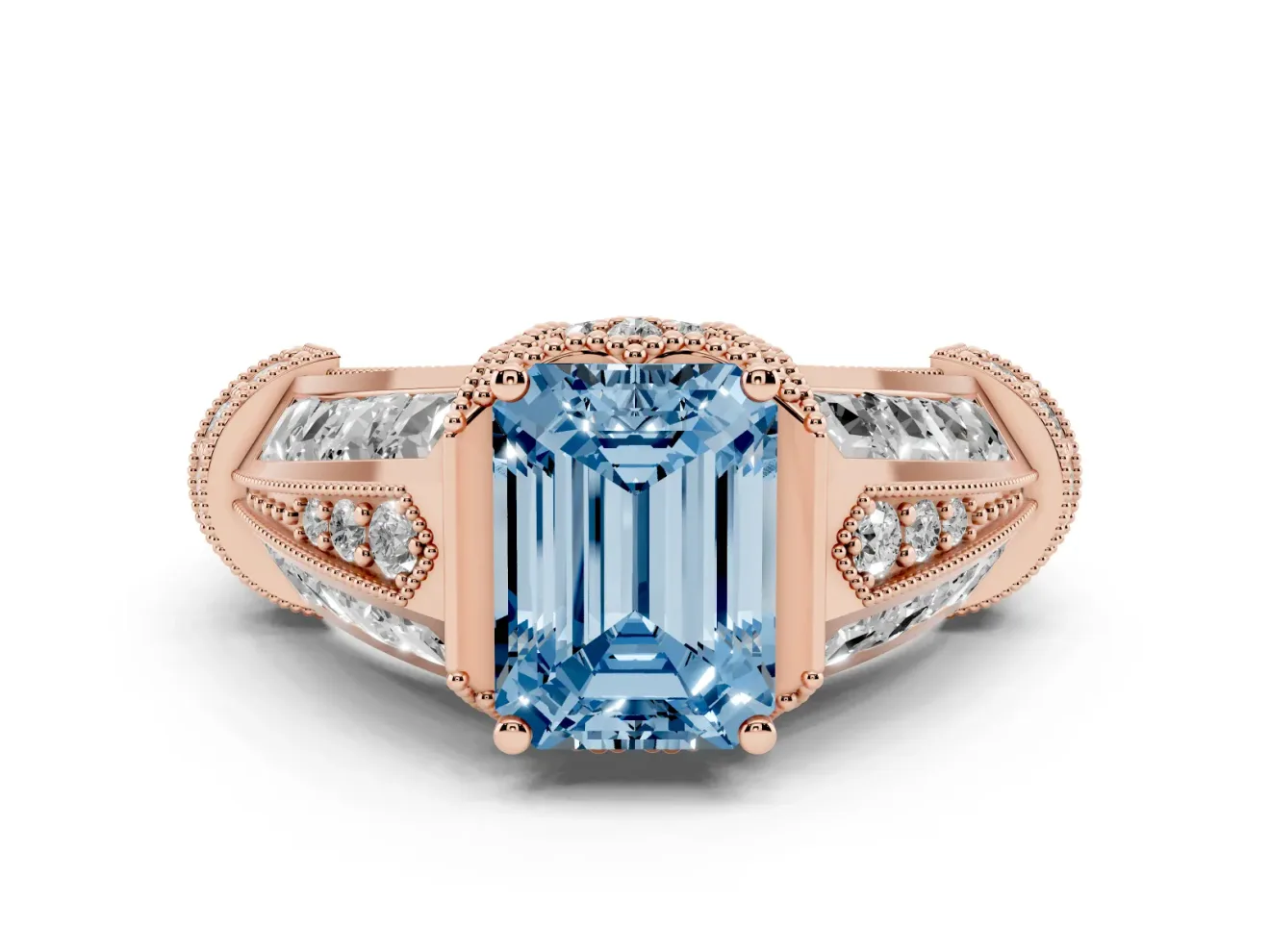 Fancy Blue Emerald Cut Diamond Vintage-Inspired Milgrain Ring Set in Rose gold with Accent Split Shank