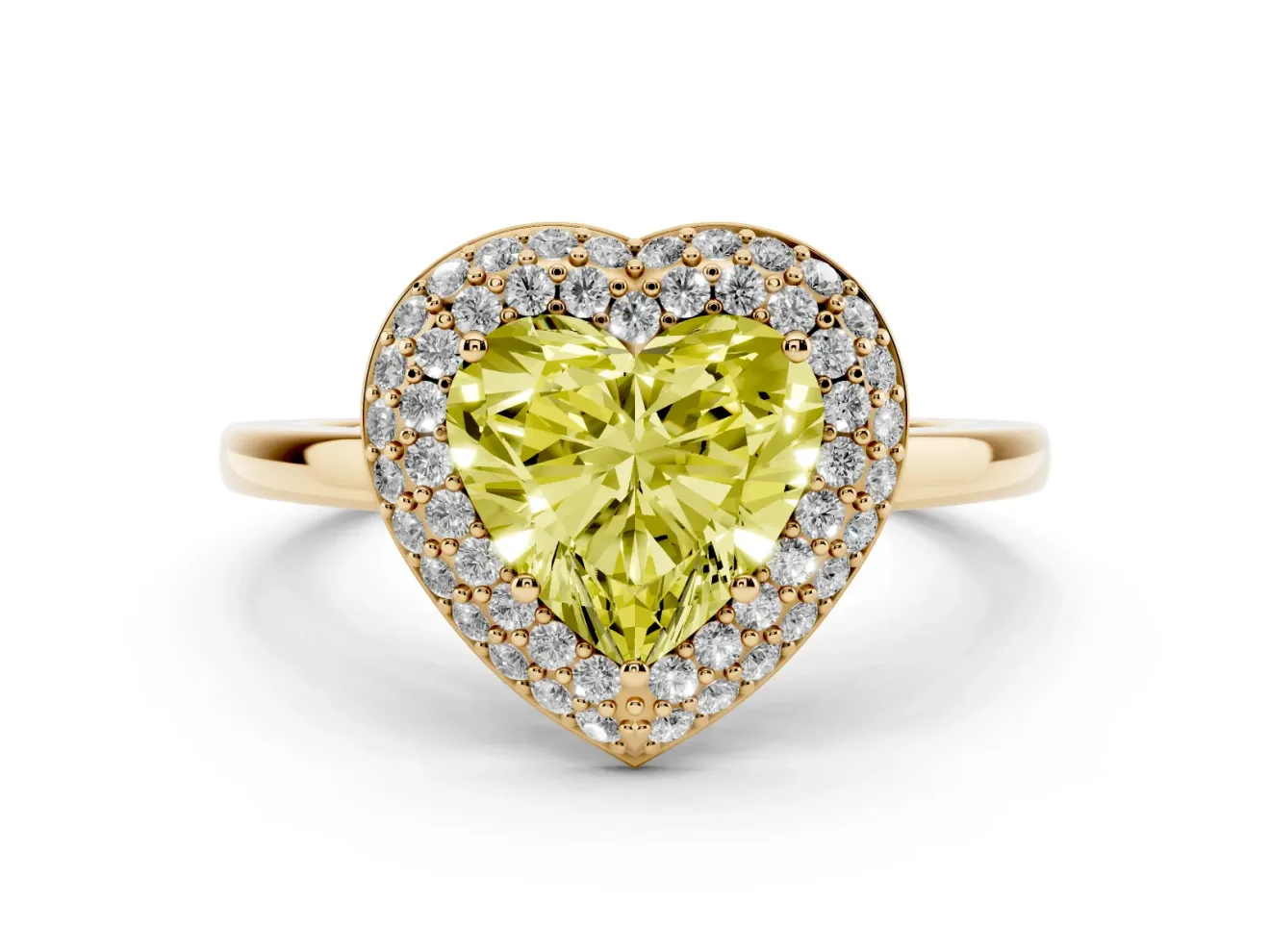 Heart-Shaped Pave Halo Engagement Ring Setting for a Fancy Yellow Lab-Grown Diamond | Slim Plain Band | Yellow Gold
