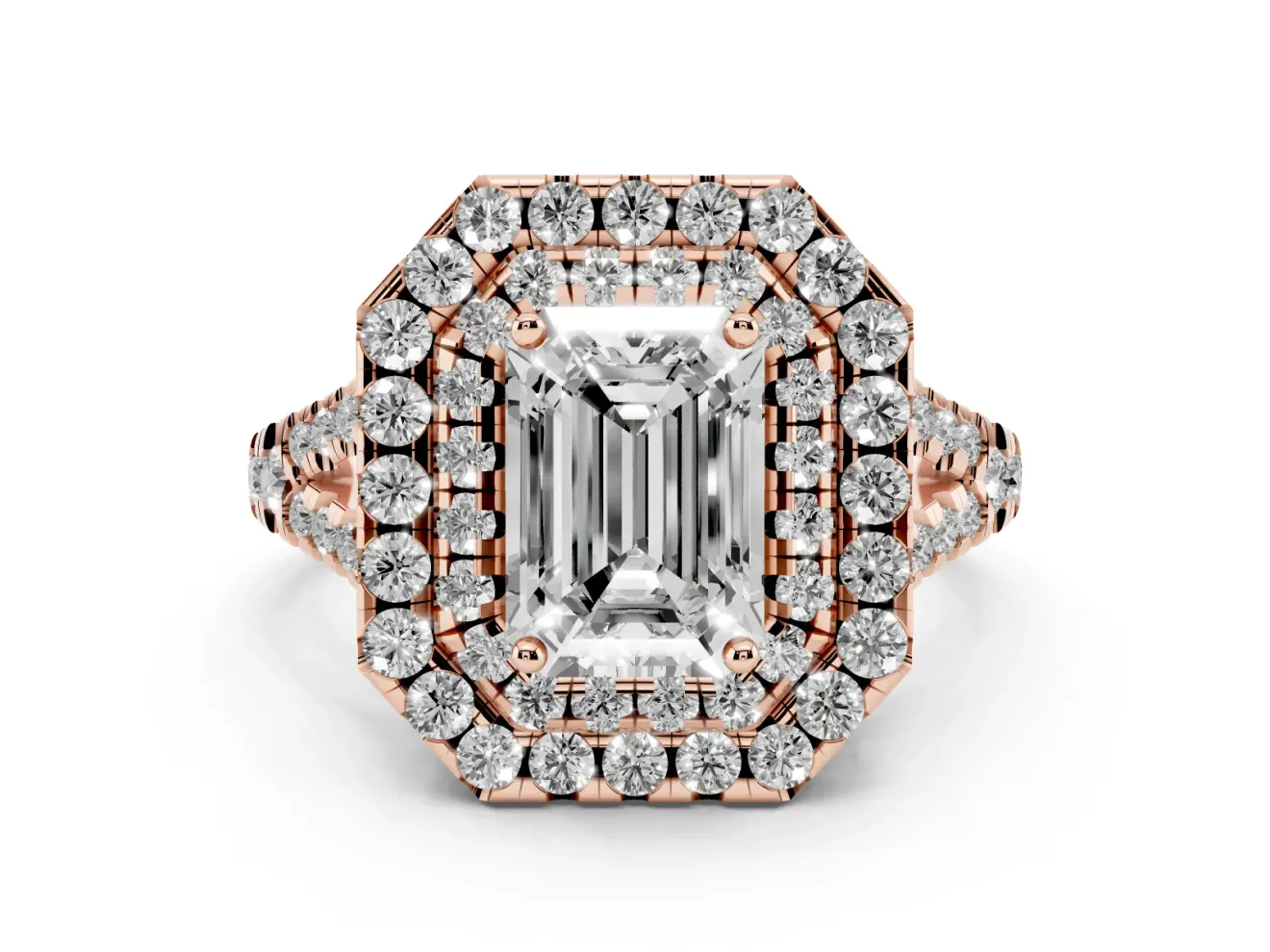 Emerald Cut Halo Split Shank Engagement Ring Setting | Rose Gold
