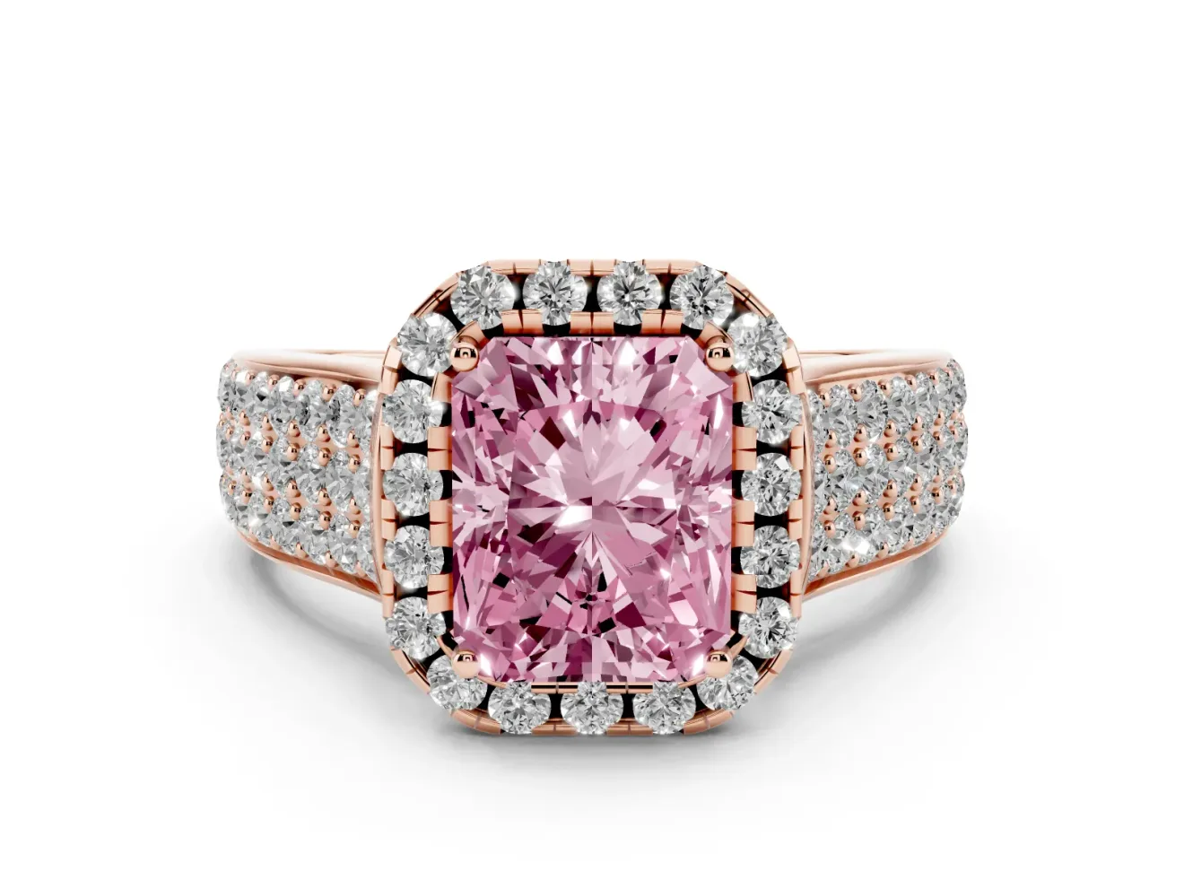 Radiant Cut Pavé Engagement Ring Setting for a Fancy Pink Lab-Grown Diamond | Wide Three-Row Band | Rose Gold