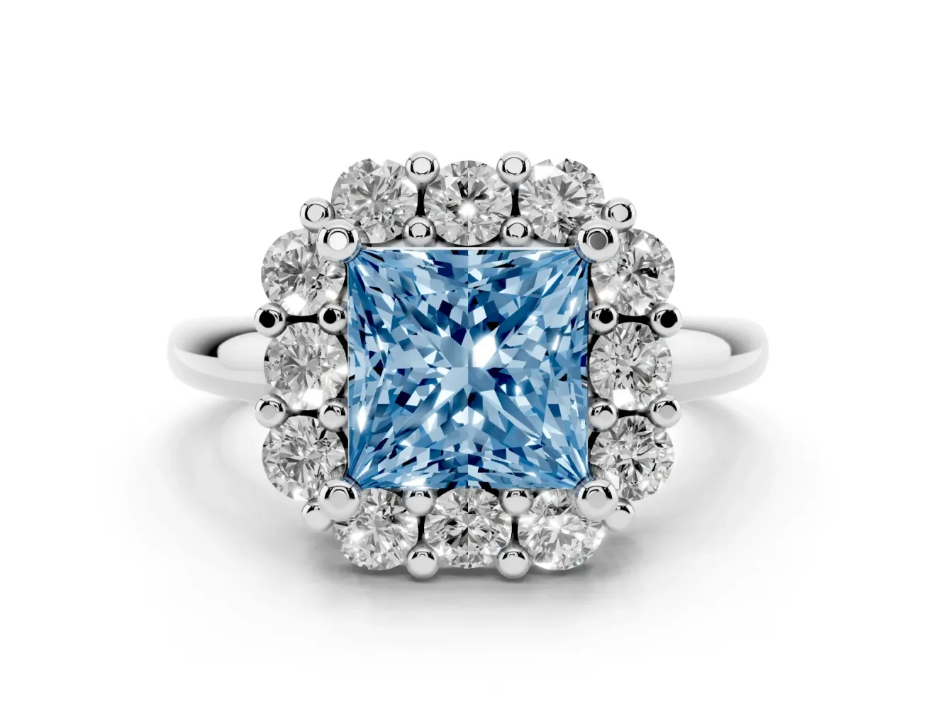 Princess Cut Cluster Halo Engagement Ring Setting for a Fancy Blue Lab-Grown Diamond | Large Round Accents | Platinum