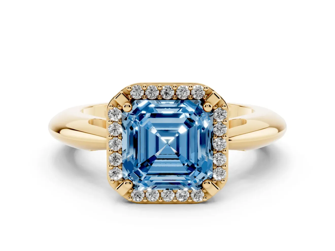 Fancy Blue Asscher Cut Diamond Halo Engagement Ring Set in Yellow gold with Plain Split Shank and Prong Setting