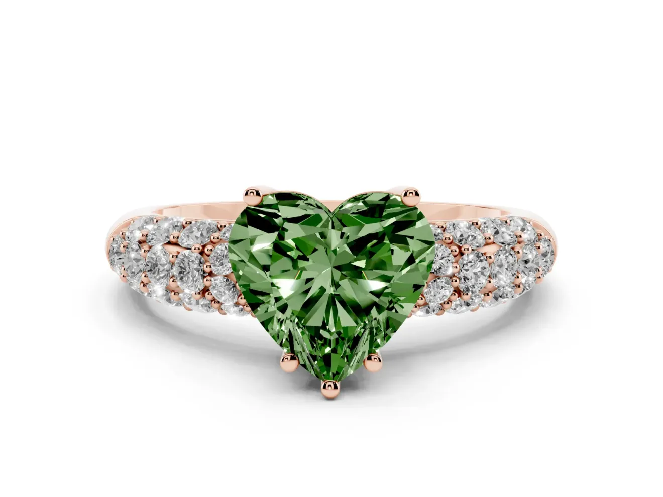 Heart-Shaped Multi Row Pave Engagement Ring Setting for a Fancy Green Lab-Grown Diamond | Rose Gold