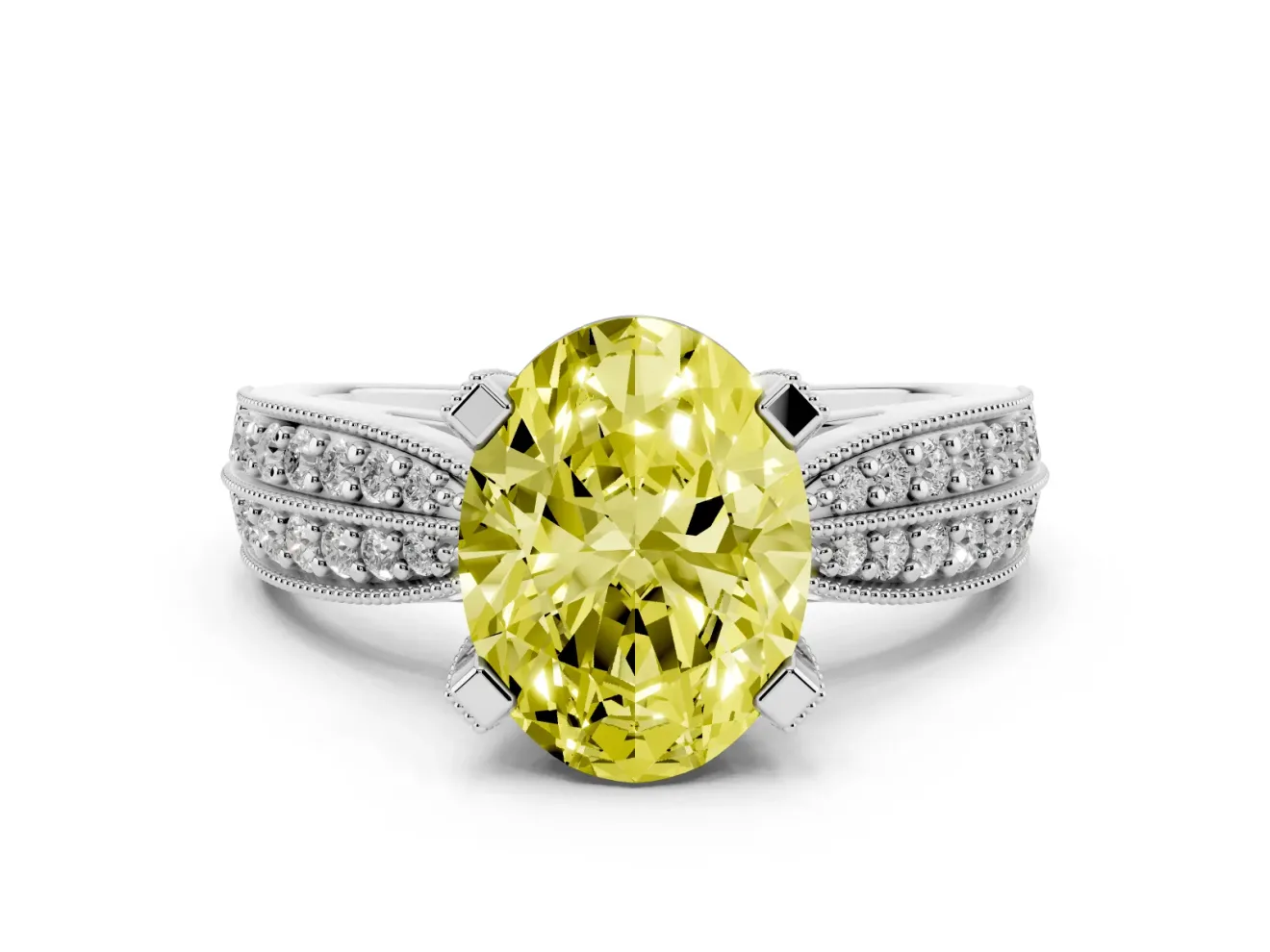 Fancy Yellow Oval Cut Diamond Solitaire Ring Set in White gold with Milgrain Double Row Round Pavé Band