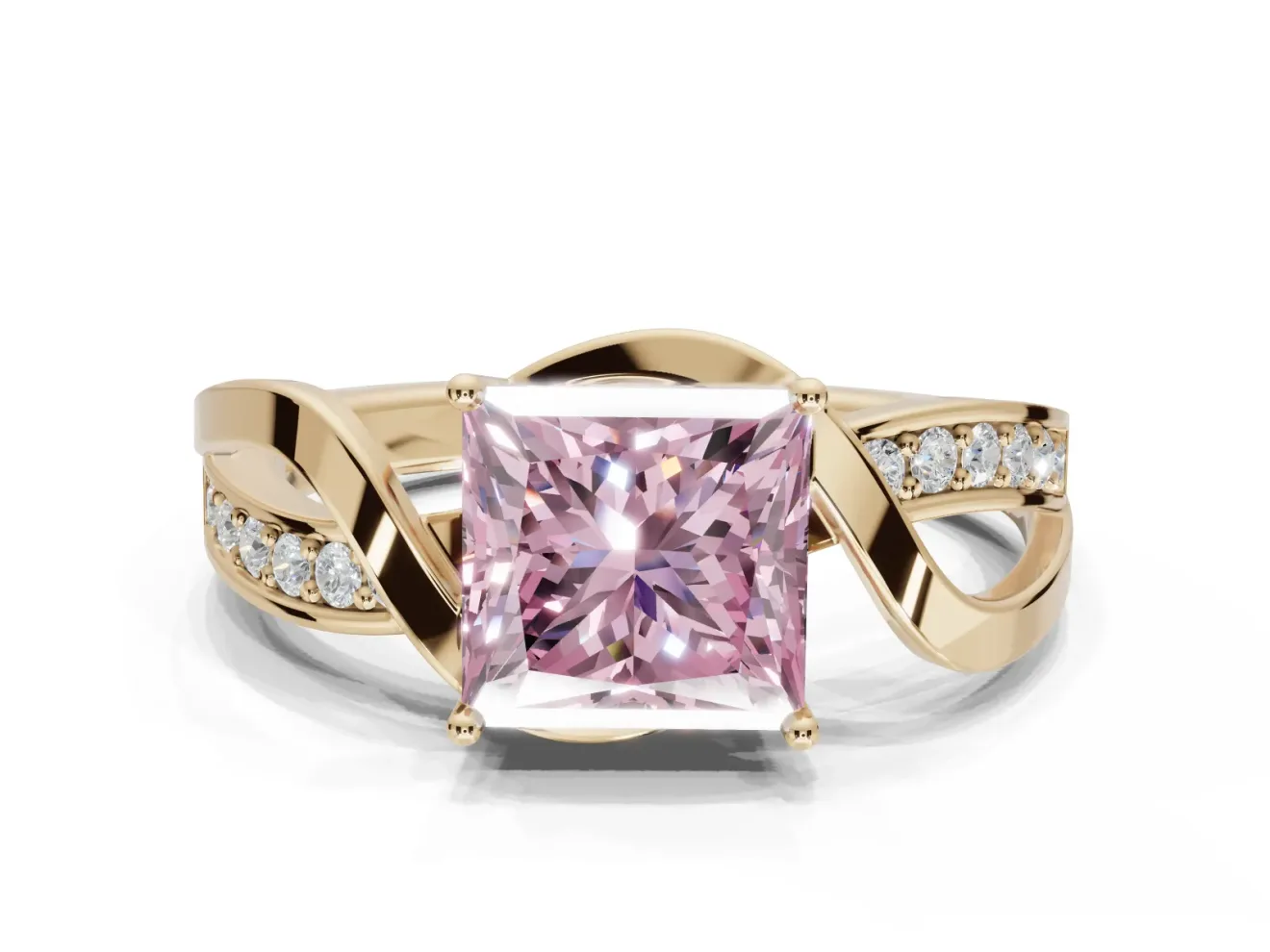 Princess Cut Bypass Solitaire Engagement Ring Setting for a Fancy Pink Lab-Grown Diamond | Pavé Strands | Yellow Gold