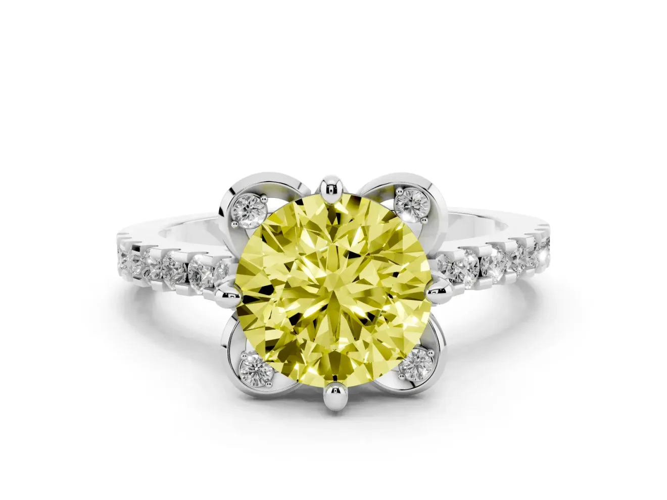 Round Floral Petal Engagement Ring Setting for a Fancy Yellow Lab-Grown Diamond | Petal Accents | Sterling Silver