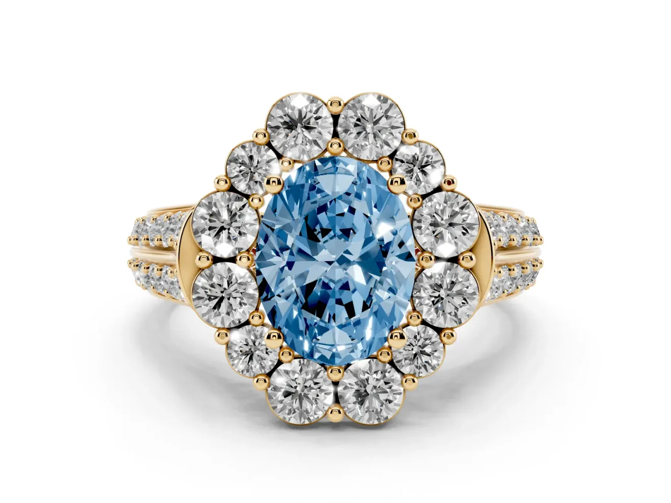 Fancy Blue Oval Cut Diamond Halo Engagement Ring Set in Yellow gold with Split Shank and Prong Setting