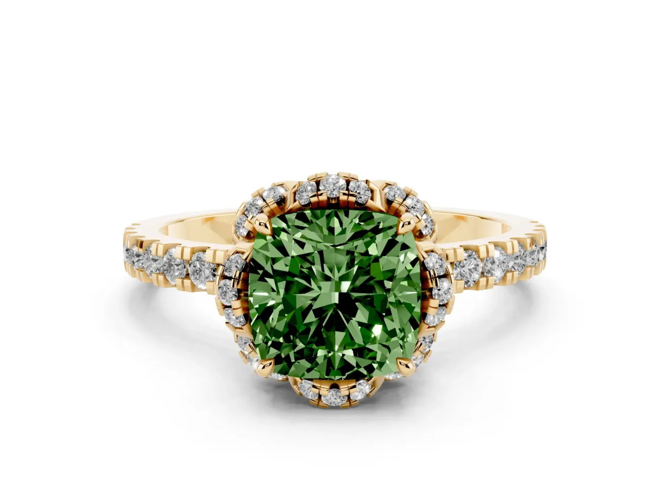 Fancy Green Cushion Cut Diamond Halo Pavé Band Ring Set in Yellow gold with Prong-Held Center