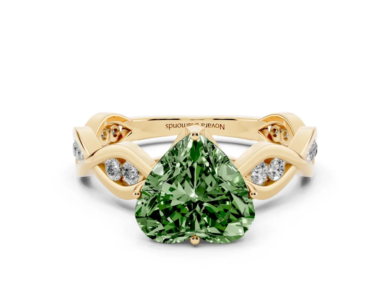 Fancy Green Heart Cut Diamond Twist Band Solitaire Ring Set in Yellow gold with Leaf Prong Setting and Accent Stones