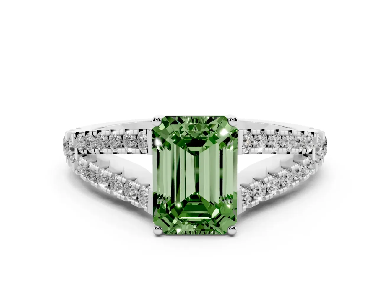 Emerald Cut Graduated Split Shank Engagement Ring Setting for a Fancy Green Lab-Grown Diamond | Platinum