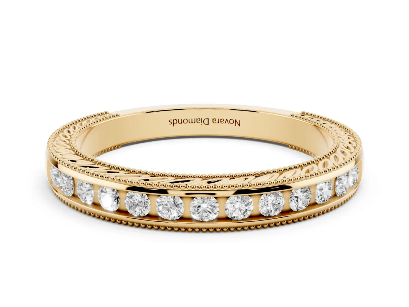 Round Lab-Grown Diamond Vintage Channel Set Wedding Band | Carved Leaf Sides | Yellow Gold