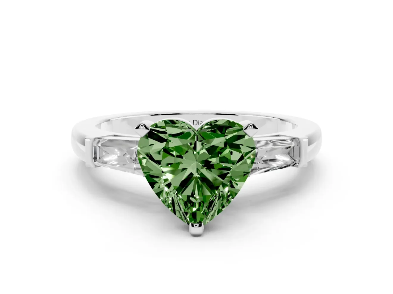 Fancy Green Heart Cut Diamond Solitaire Ring Set in Silver with Tapered Baguette Side Stones and Prong Setting