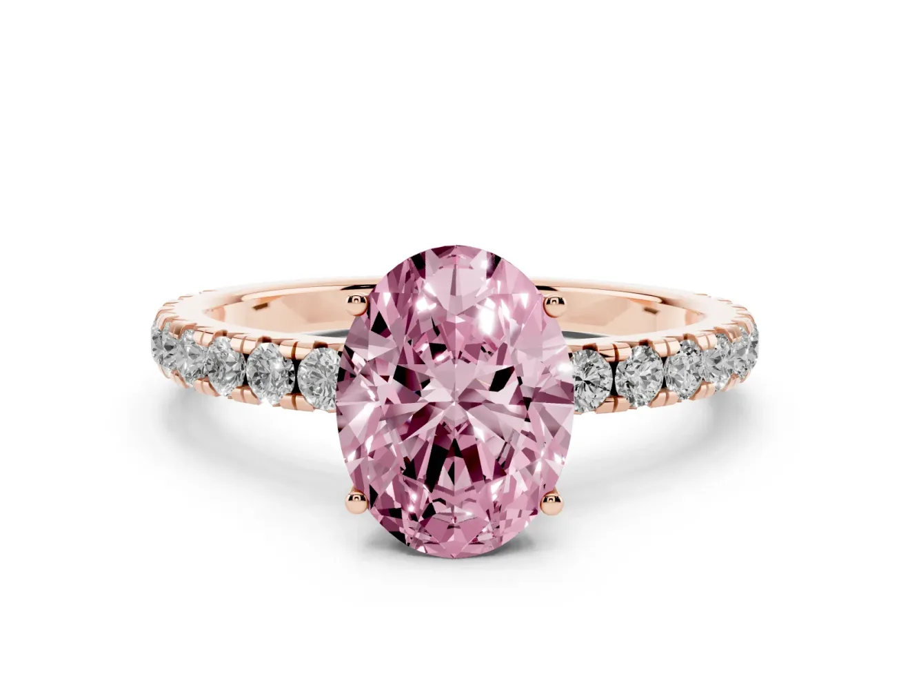 Oval Pave Engagement Ring Setting for a Fancy Pink Lab-Grown Diamond | Shared Prong Band | Rose Gold