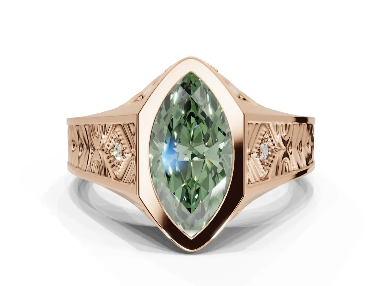 Marquise Vintage Bezel Engagement Ring Setting for a Fancy Green Lab-Grown Diamond | Engraved Band | Rose Gold
