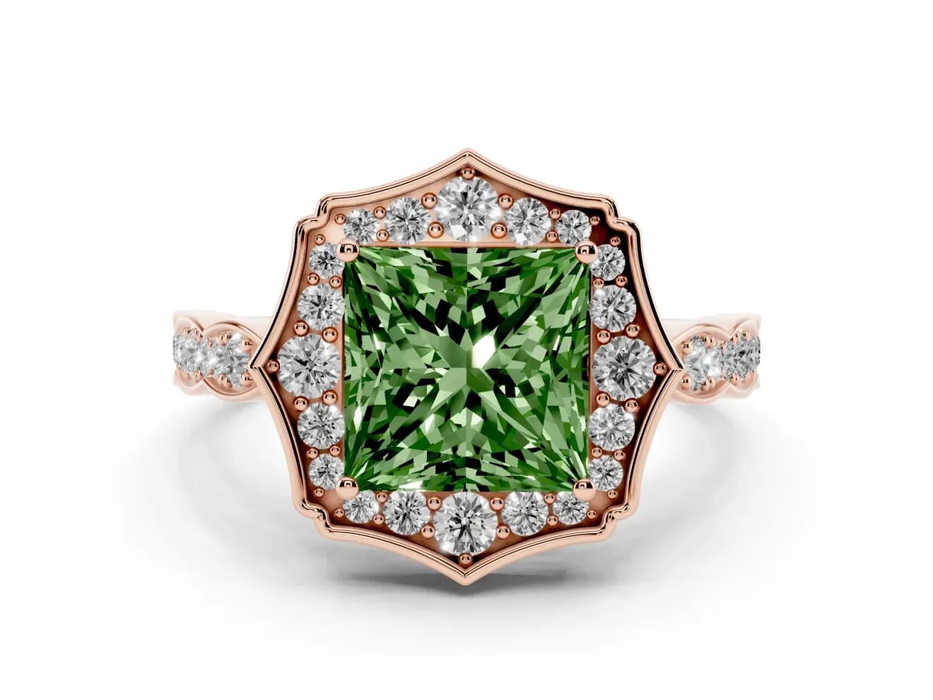 Princess Cut Vintage Scalloped Halo Engagement Ring Setting for a Fancy Green Lab-Grown Diamond | Pave Band | Rose Gold