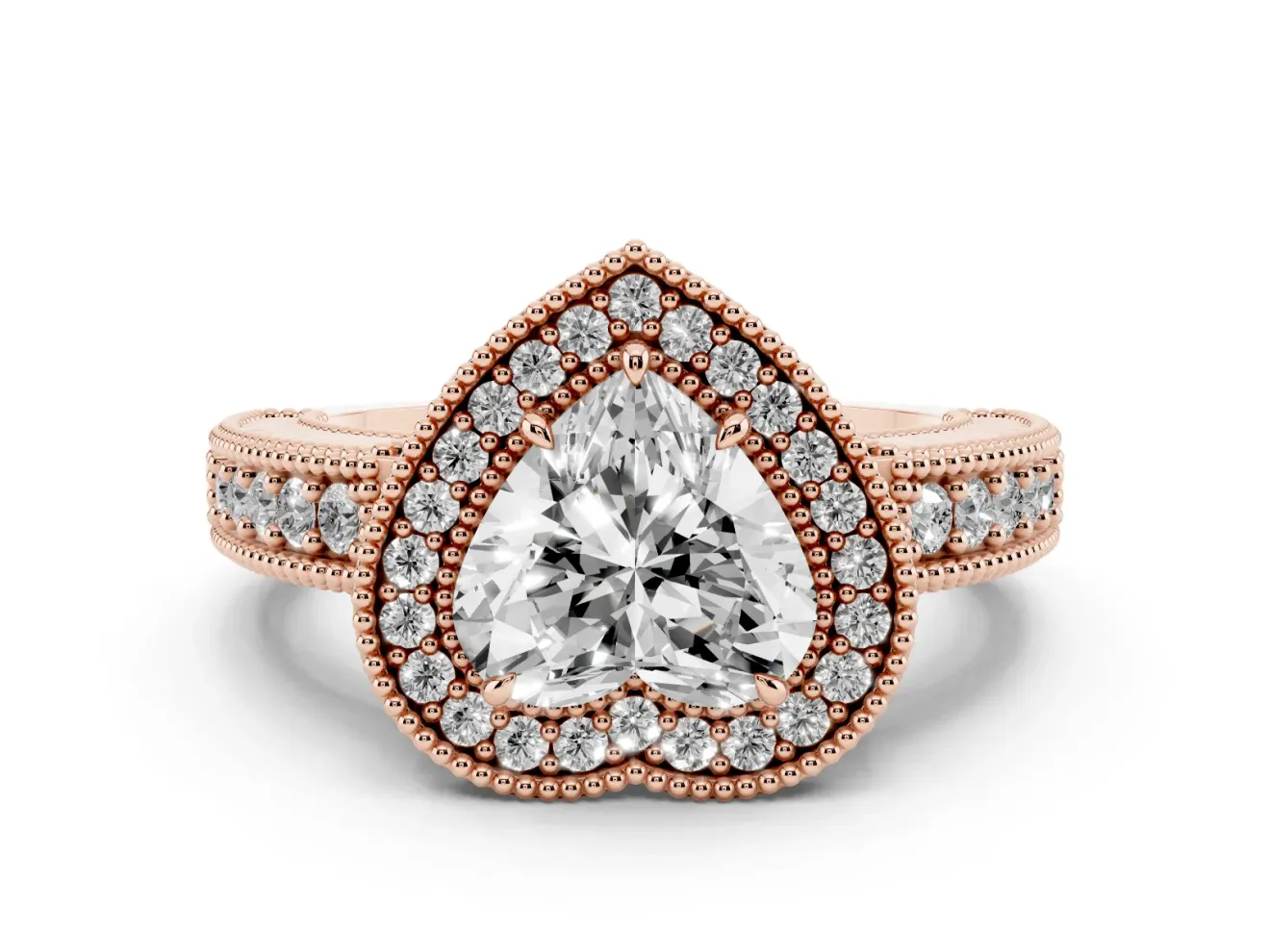 Heart-Shaped Vintage Milgrain Halo Engagement Ring Setting | Carved Leaf Detail | Rose Gold