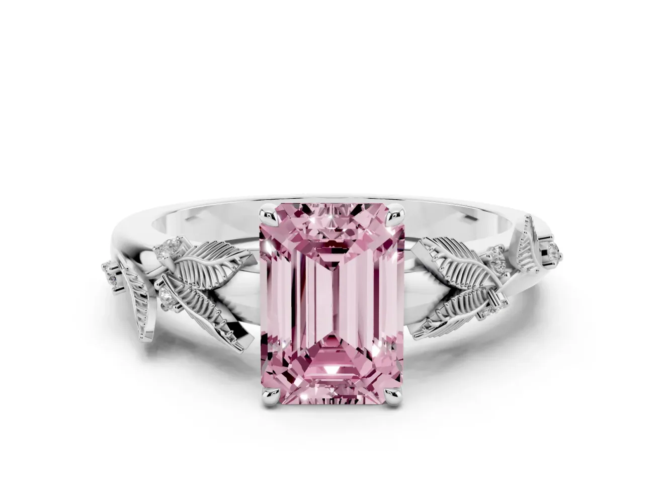 Emerald Cut Leaf Solitaire Engagement Ring Setting for a Fancy Pink Lab-Grown Diamond | Platinum