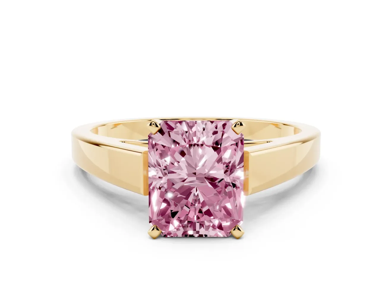 Fancy Pink Radiant Cut Diamond Solitaire Engagement Ring Set in Yellow gold with Prong Setting and Tapered Band