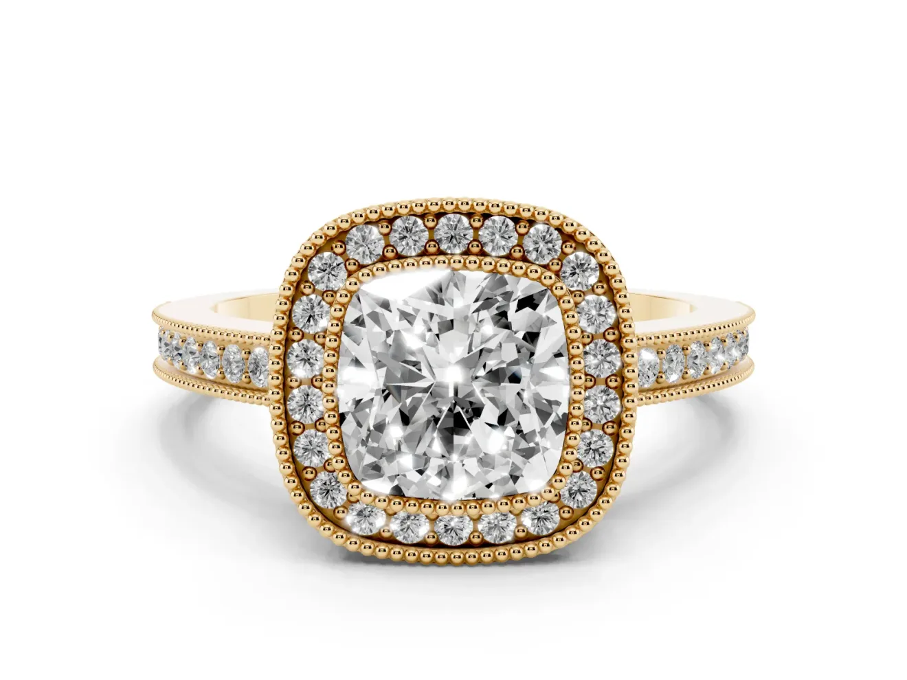 Cushion Cut Diamond Halo Ring Set in Yellow gold with Pavé Band and Milgrain-Edged Prongs