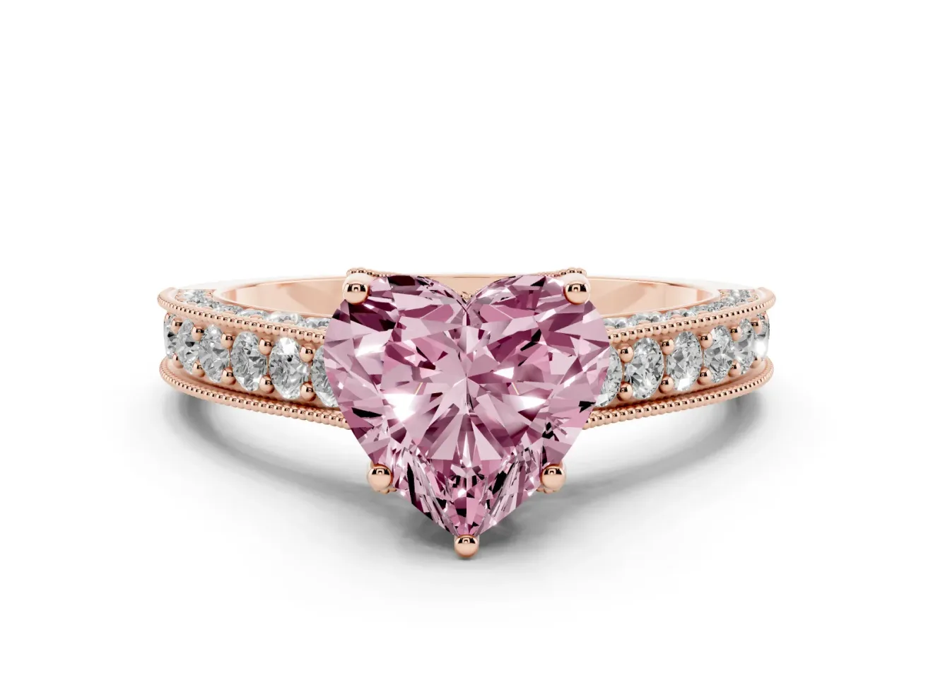 Heart-Shaped Hidden Halo Engagement Ring Setting for a Fancy Pink Lab-Grown Diamond | Milgrain Pave | Rose Gold