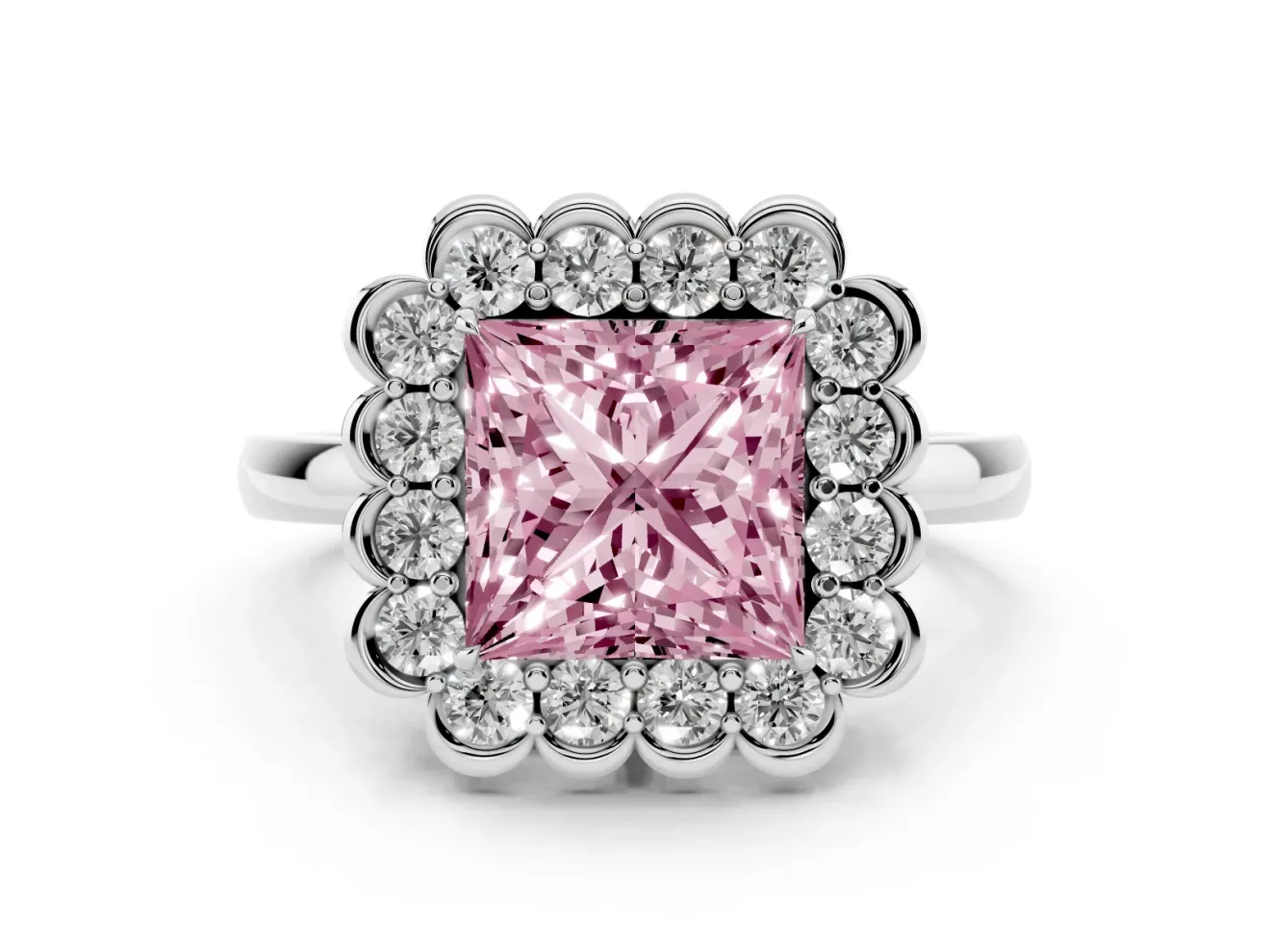 Princess Cut Scalloped Cluster Halo Engagement Ring Setting for a Fancy Pink Lab-Grown Diamond | Plain Band | Platinum