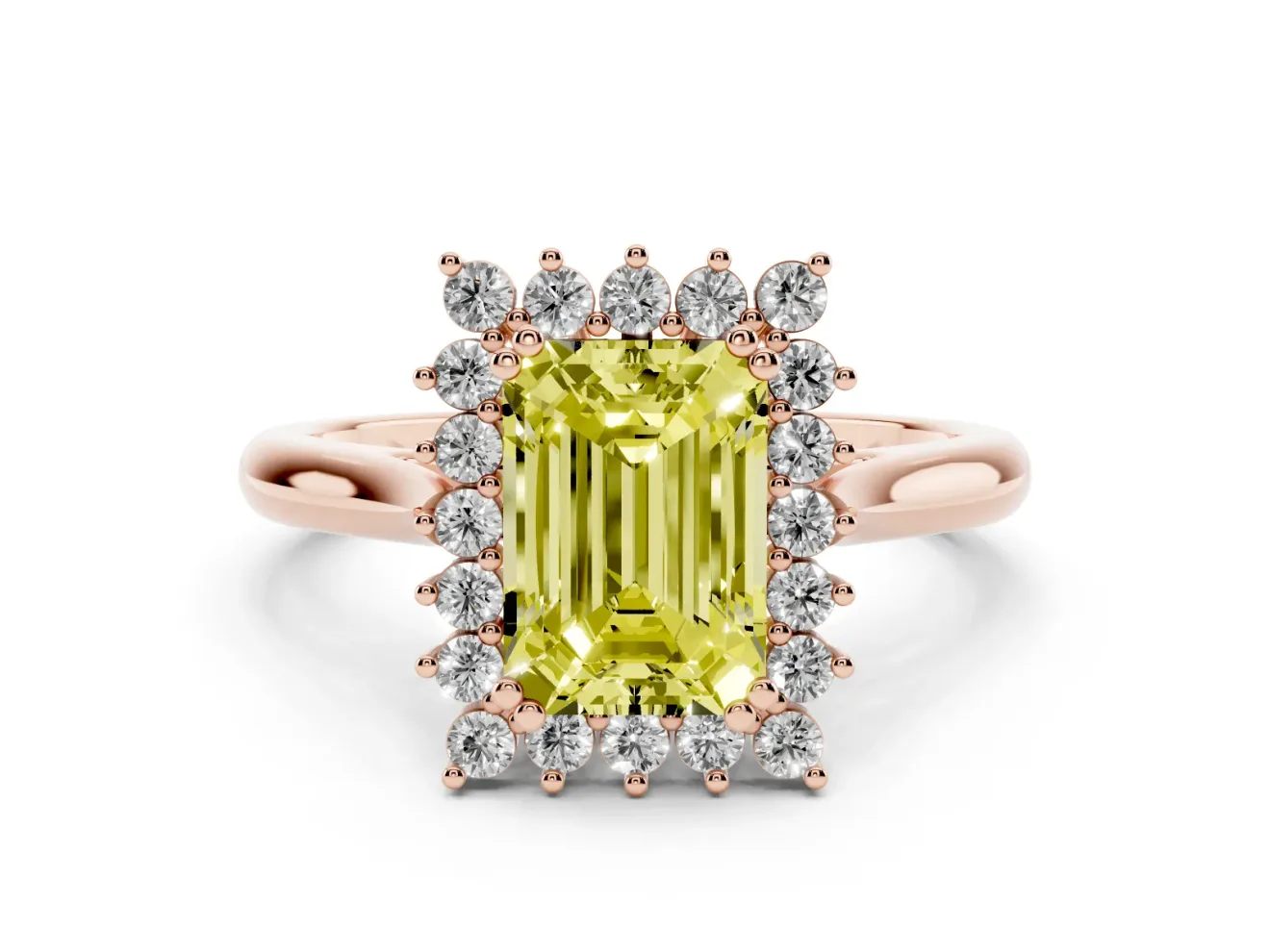 Emerald Cut Starburst Halo Engagement Ring Setting for a Fancy Yellow Lab-Grown Diamond | Rose Gold