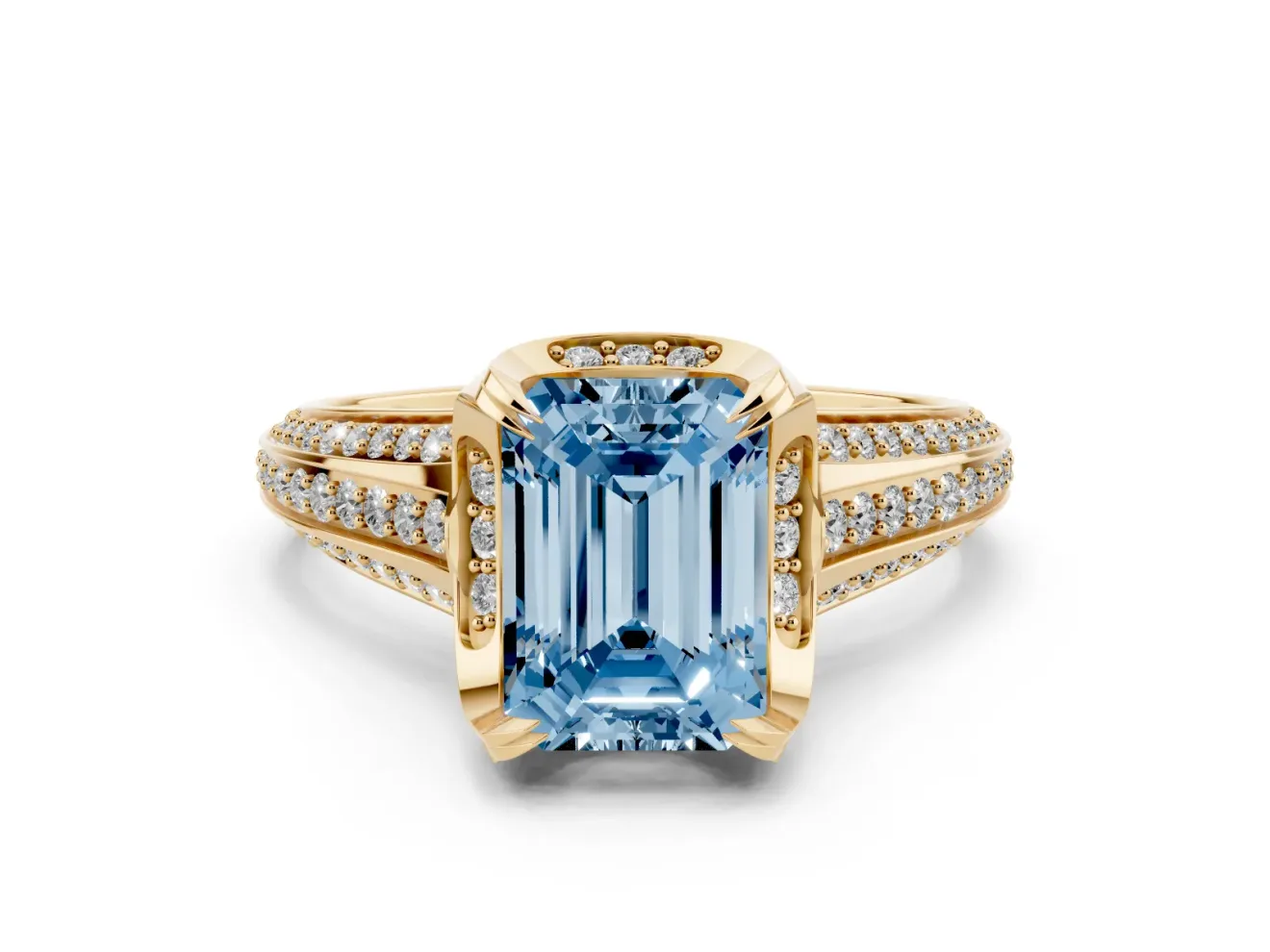 Fancy Blue Emerald Cut Diamond Pavé Split Shank Solitaire Ring Set in Yellow gold with Prong Setting