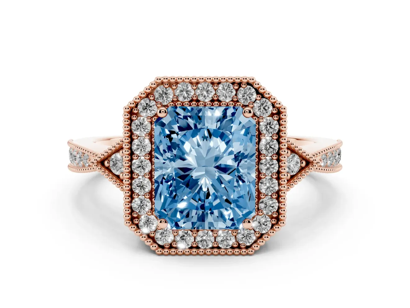 Fancy Blue Radiant Cut Diamond Halo Engagement Ring Set in Rose gold with Milgrain Pavé Band