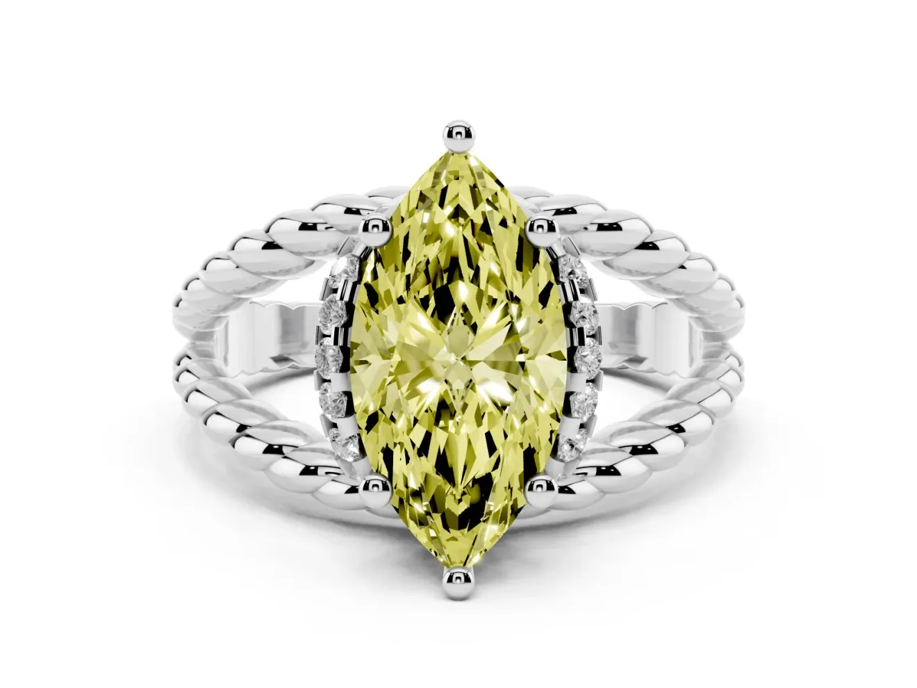 Fancy Yellow Marquise Cut Diamond Halo Ring Set in Silver with Twisted Band and Prong Setting