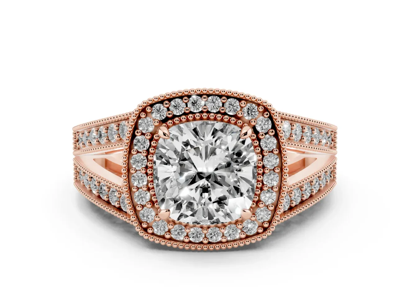 Cushion Cut Vintage Milgrain Halo Engagement Ring Setting | Pave Split Shank | Rose Gold