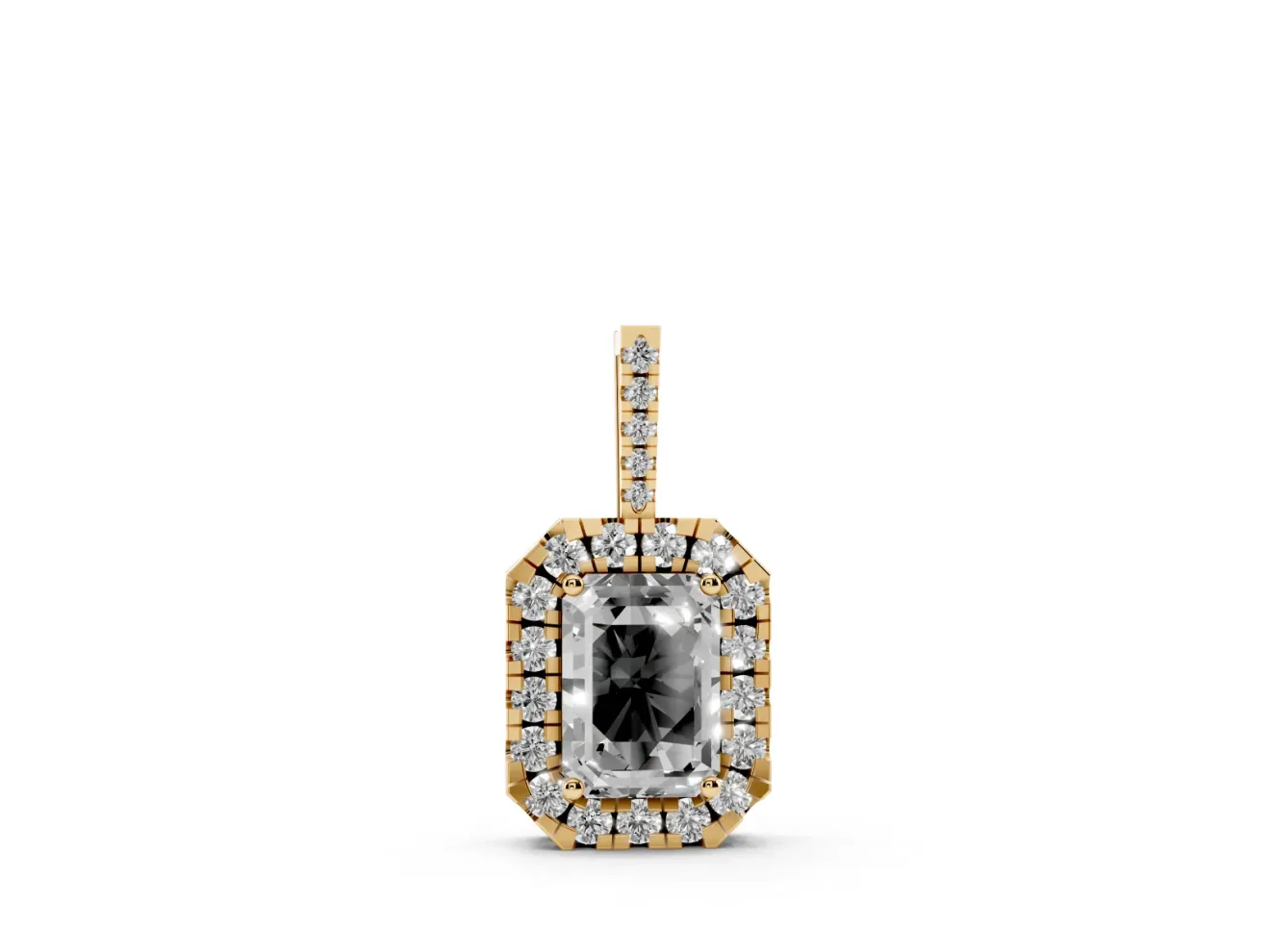 Emerald Cut Lab-Grown Diamond Halo Pendant Necklace | Graduated Pavé Bail | Yellow Gold