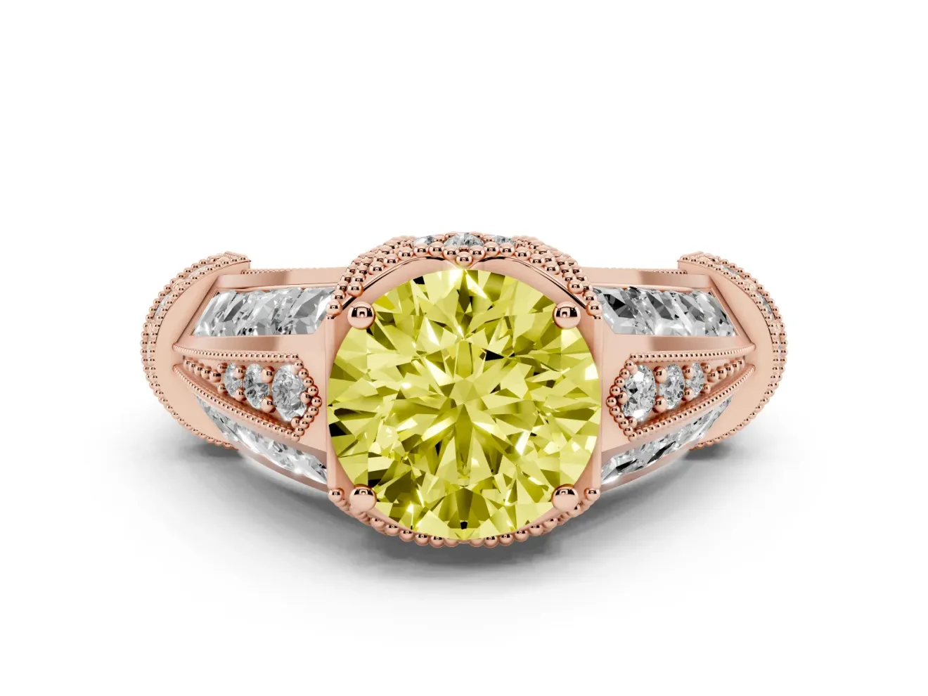 Fancy Yellow Round Cut Diamond Vintage-Inspired Milgrain Ring Set in Rose gold with Accent Split Shank