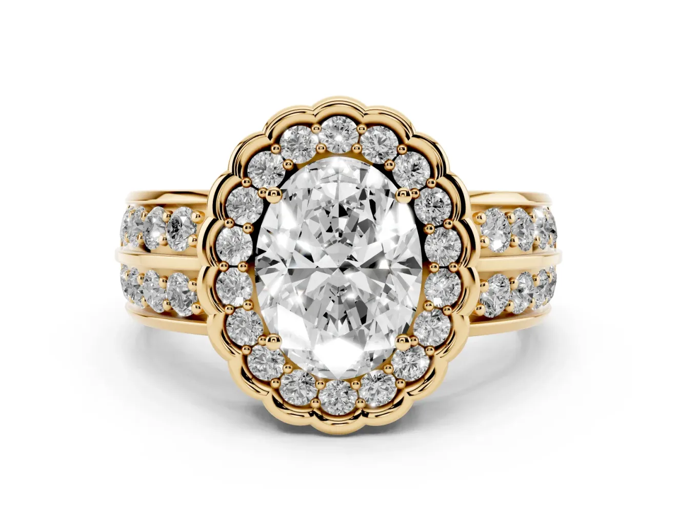 Oval Cut Diamond Scalloped Halo Ring Set in Yellow gold with Pavé Split Shank