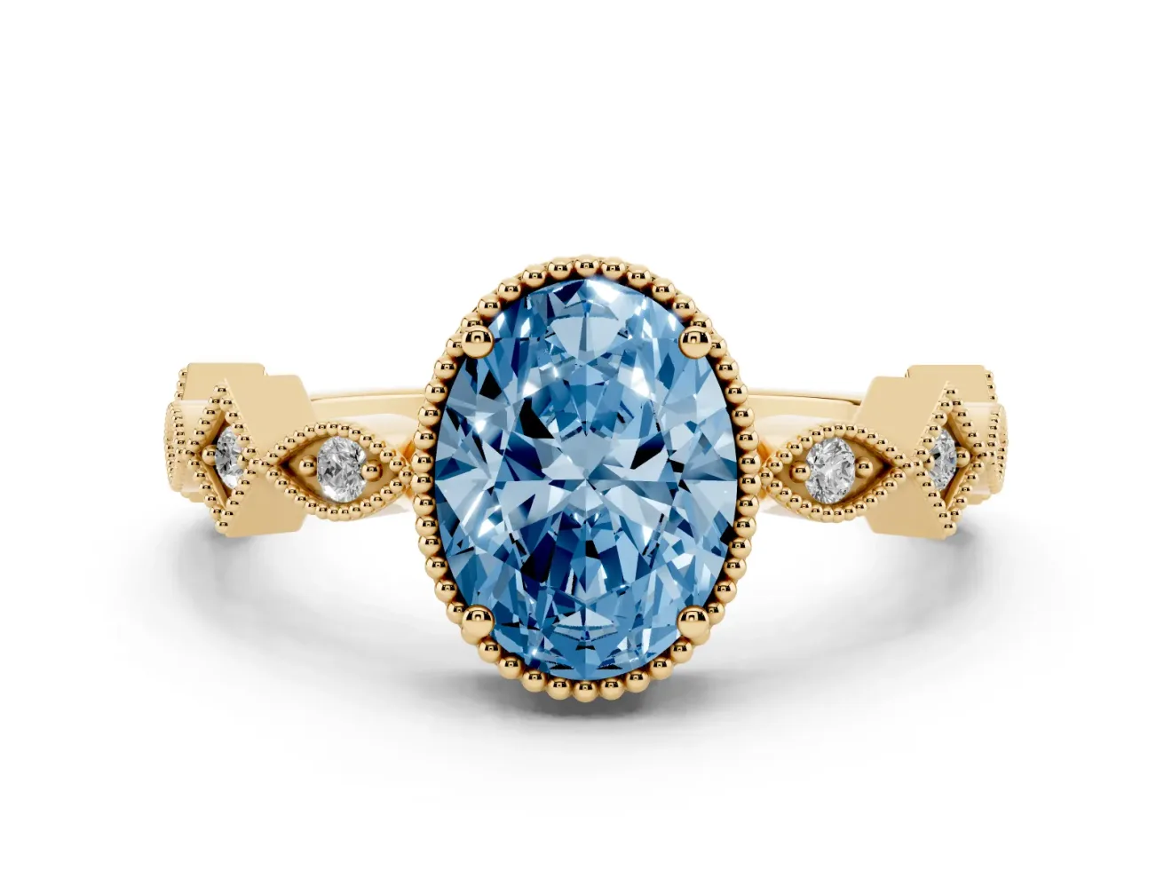 Fancy Blue Oval Cut Diamond Milgrain Marquise Twist Band Ring Set in Yellow gold with Prong Setting