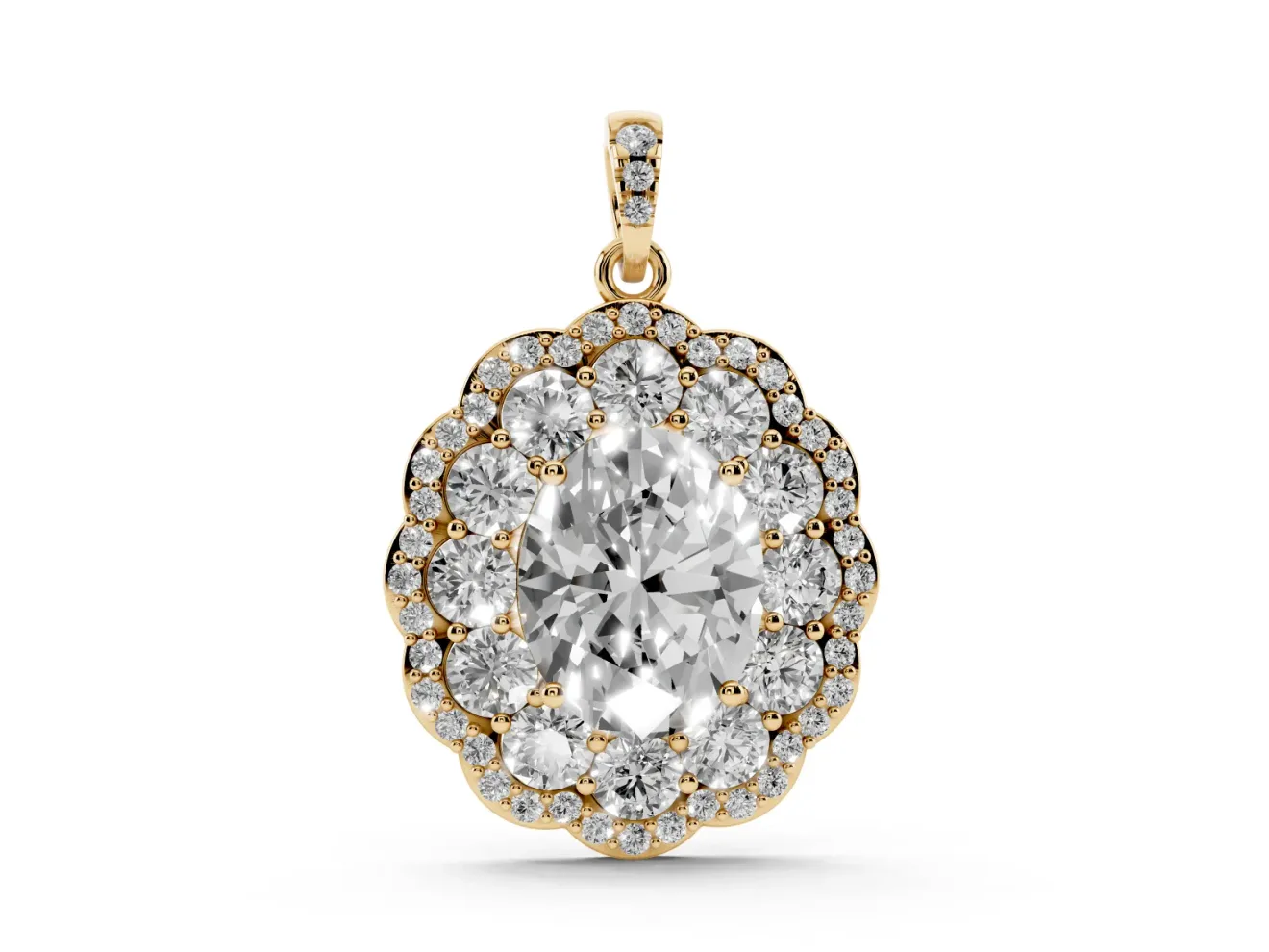 Oval Lab-Grown Diamond Floral Double Halo Pendant Necklace | Pavé Bail | Yellow Gold