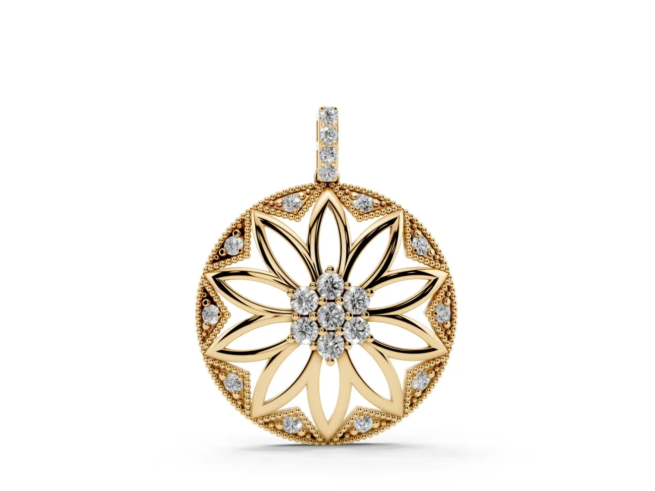Round Lab-Grown Diamond Cluster Flower Pendant Necklace | Milgrain Frame | Yellow Gold