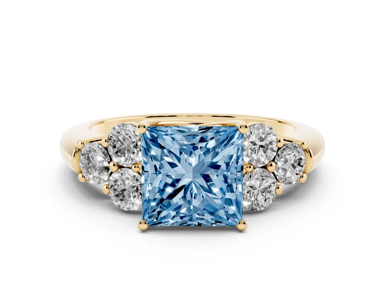 Princess Cut Side Stone Engagement Ring Setting for a Fancy Blue Lab-Grown Diamond | Yellow Gold