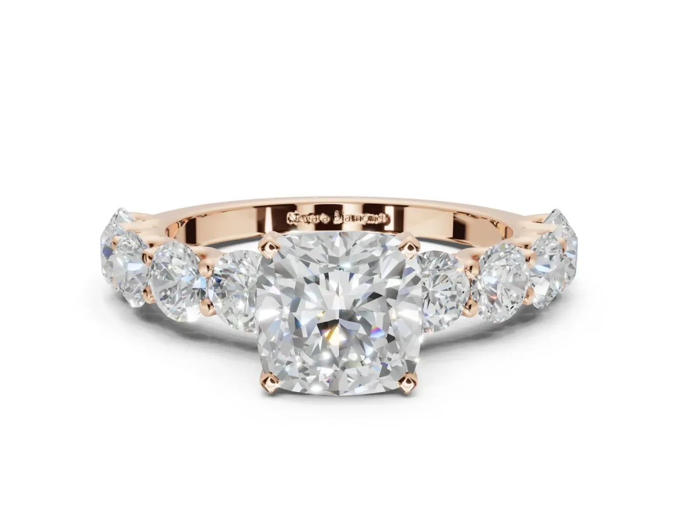 Cushion Cut Side Stone Engagement Ring Setting | Scalloped Prong Accents | Rose Gold