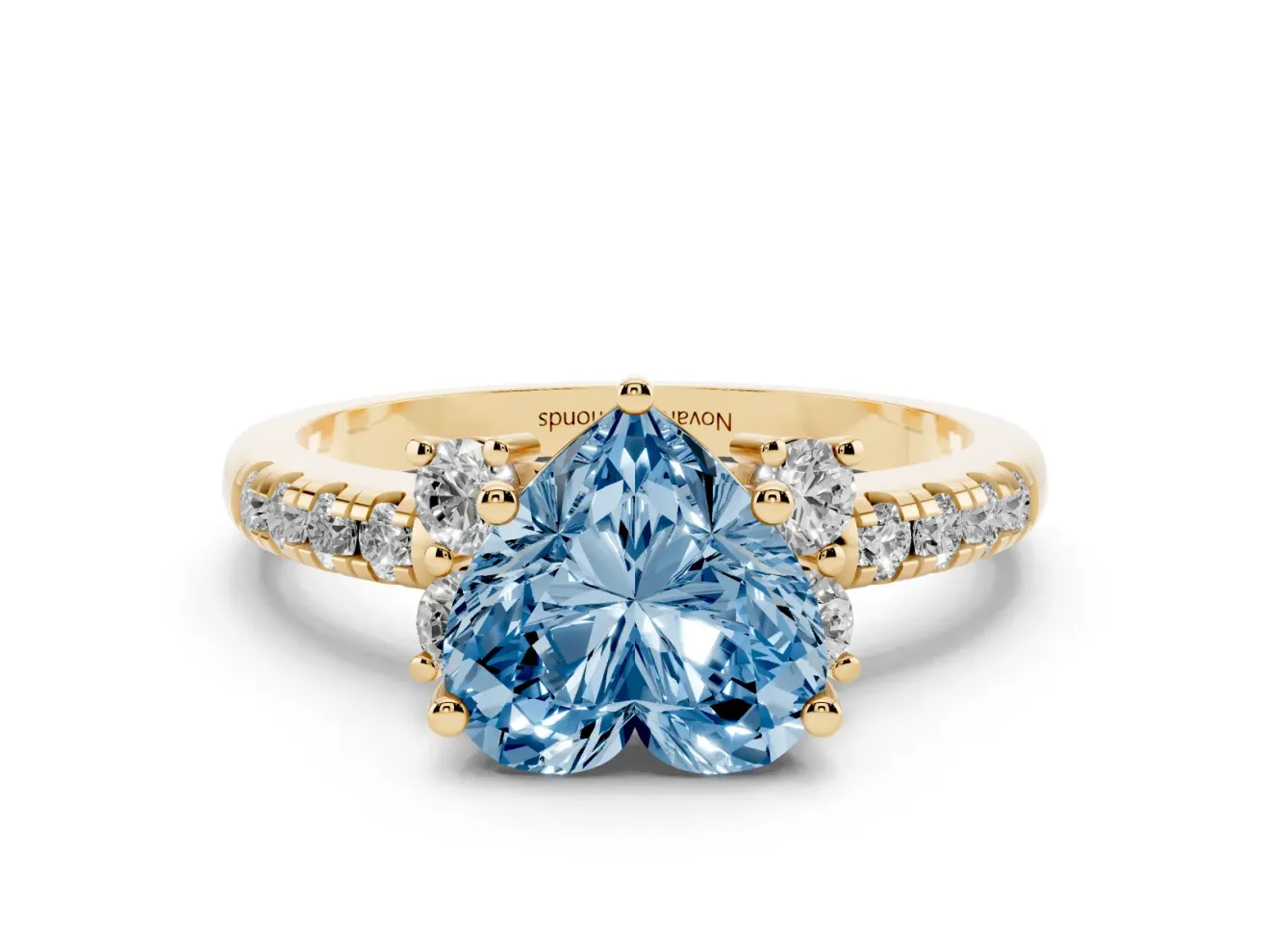 Heart-Shaped Side Stone Engagement Ring Setting for a Fancy Blue Lab-Grown Diamond | Pave Band | Yellow Gold