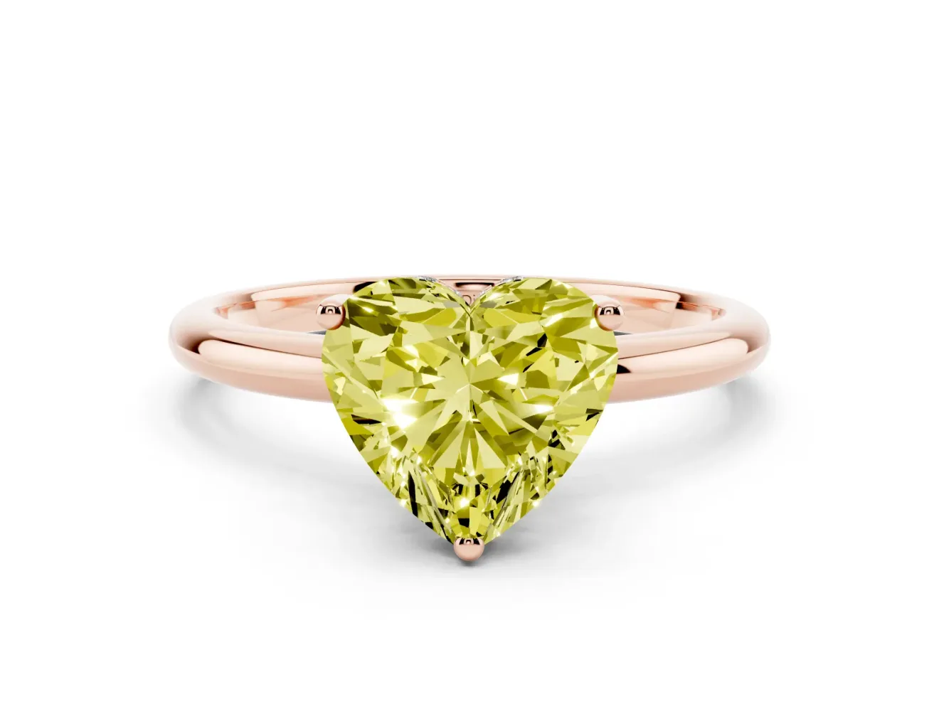 Fancy Yellow Heart Cut Diamond Solitaire Engagement Ring Set in Rose gold with Prong Setting and Polished Band
