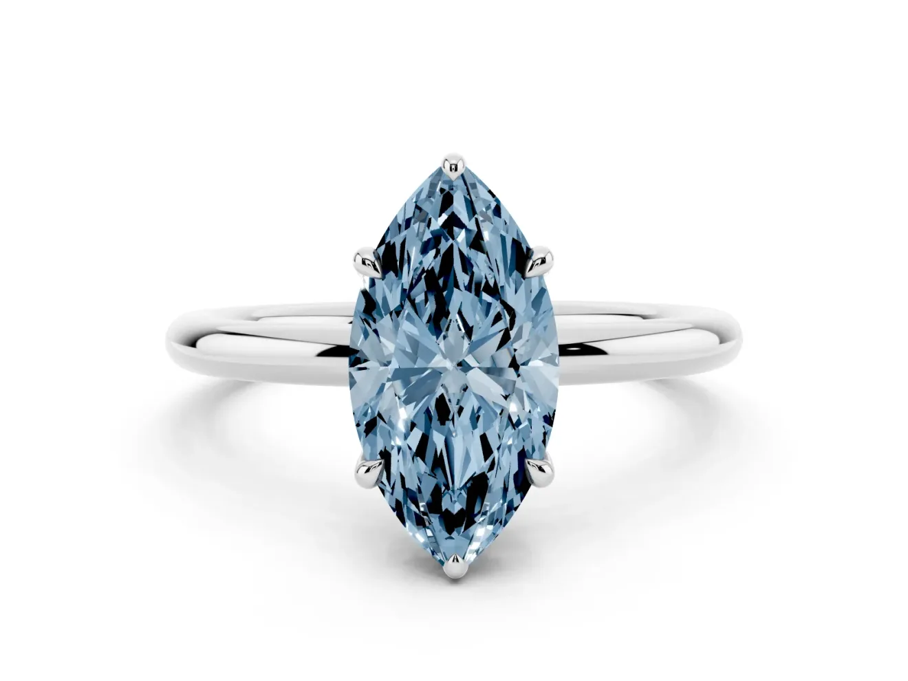 Fancy Blue Marquise Cut Diamond Solitaire Ring Set in Platinum with Thin Band and Prong Setting