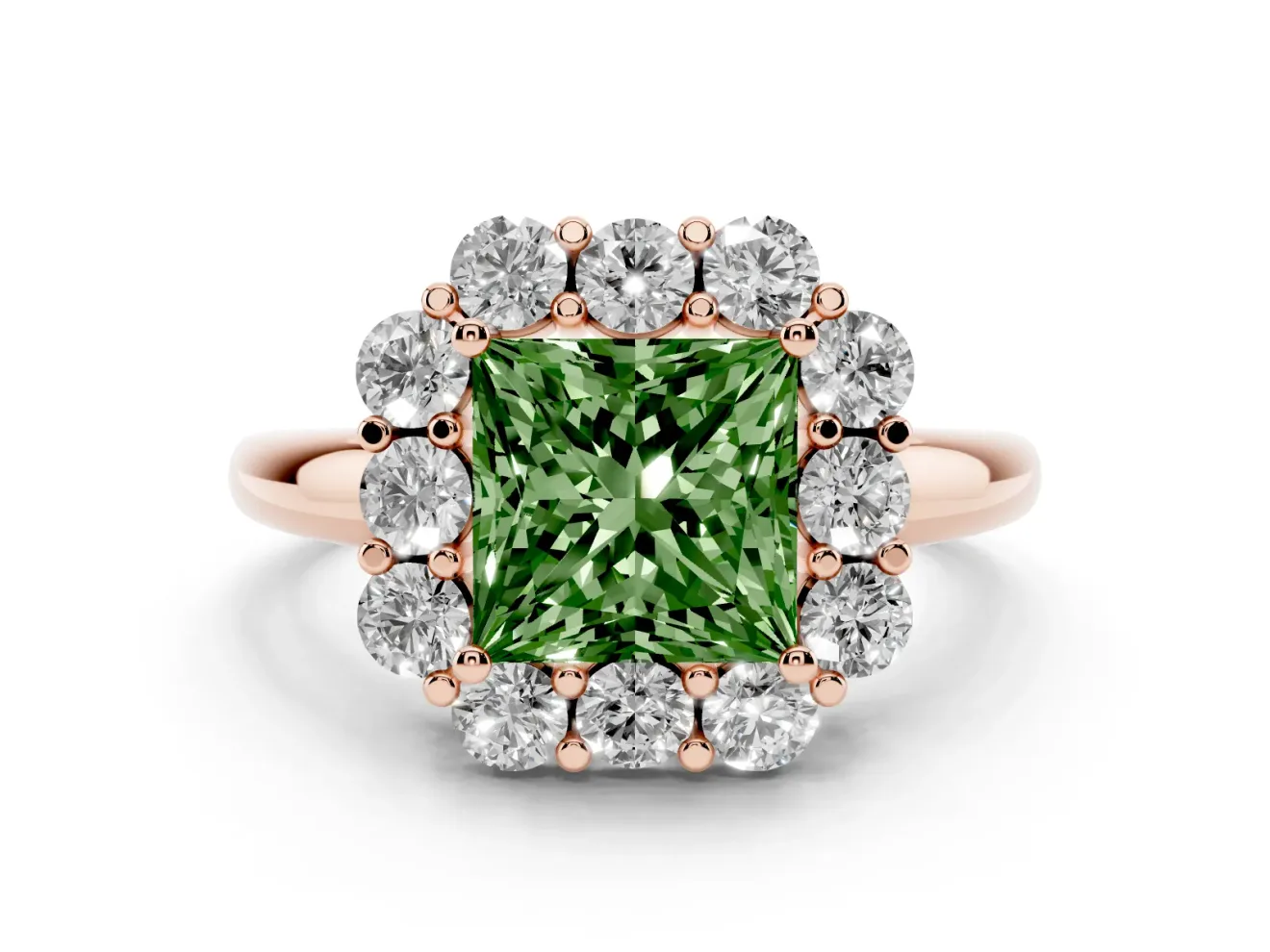 Princess Cut Graduated Milgrain Halo Engagement Ring Setting for a Fancy Green Lab-Grown Diamond | Rose Gold