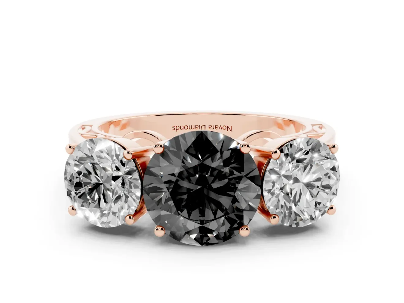 Round Three Stone Engagement Ring Setting for a Black Center | Beaded Shoulders | Rose Gold