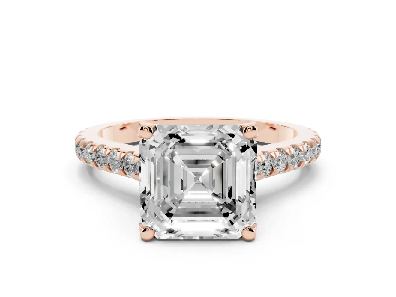 Asscher Cut Hidden Halo Pave Engagement Ring Setting | Claw Prongs | Rose Gold