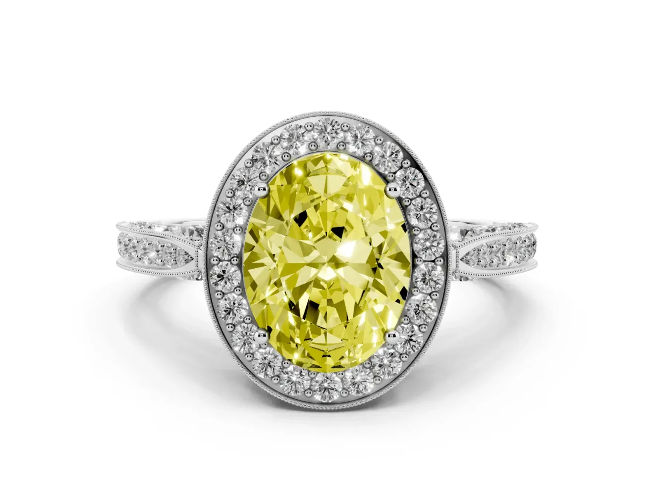 Oval Milgrain Halo Engagement Ring Setting for a Fancy Yellow Lab-Grown Diamond | Side Stones | Platinum