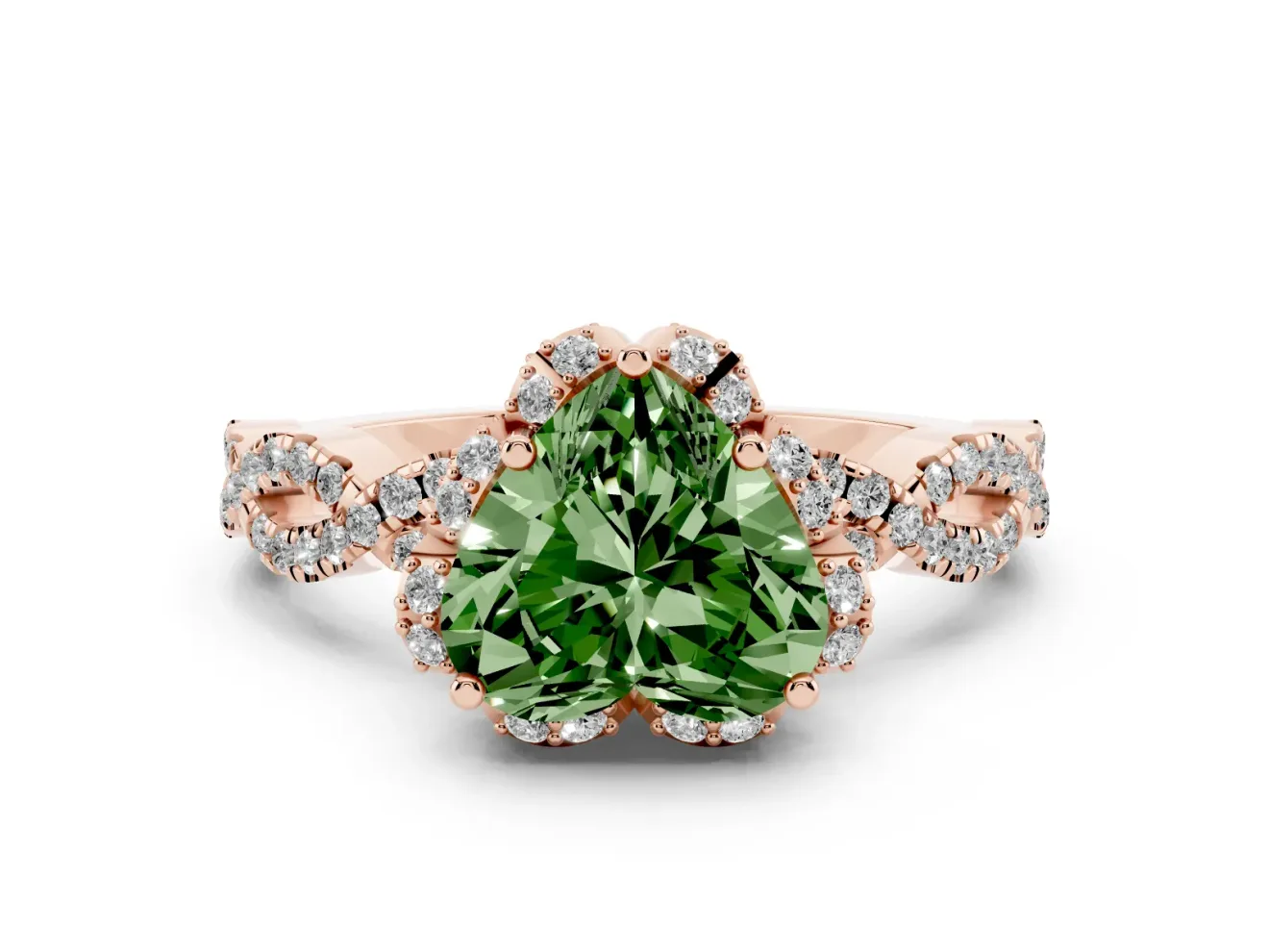 Heart-Shaped Milgrain Halo Engagement Ring Setting for a Fancy Green Lab-Grown Diamond | Graduated Shoulders | Rose Gold
