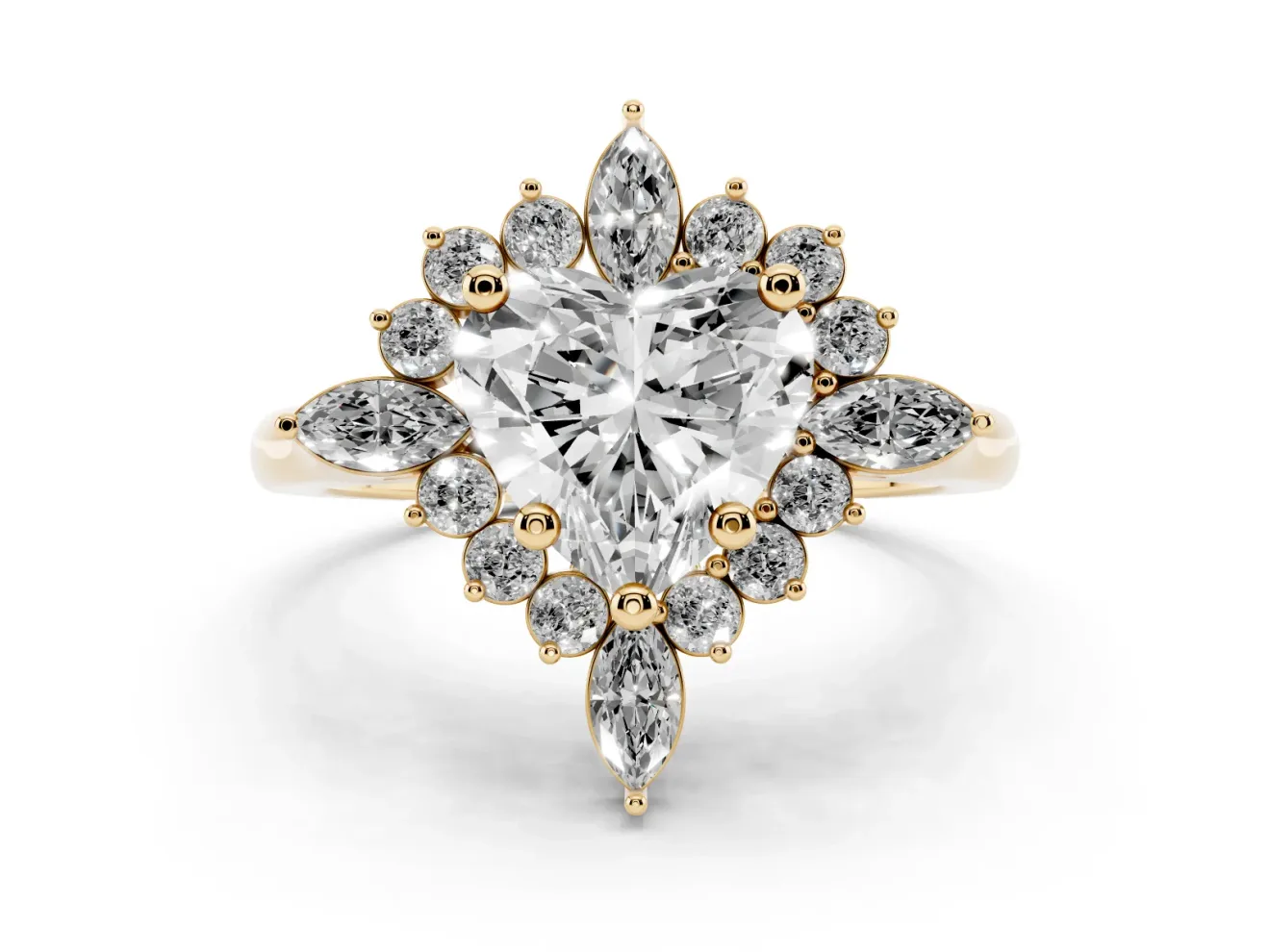 Heart Cut Diamond Cluster Halo Ring Set in Yellow gold with Marquise and Round Accents